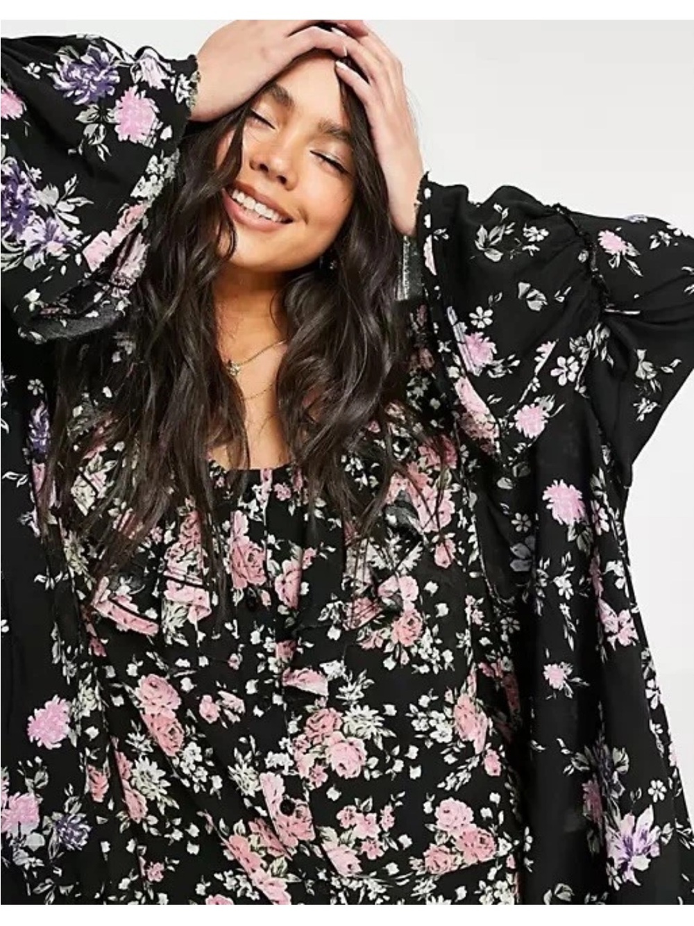 NWT FREE PEOPLE LORETTA PRINTED TUNIC FLORAL PRINTED BLOUSE BLACK COMBO - M